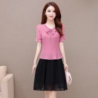 妈妈连衣裙雪纺假两件女夏装2021新款大码中年短袖显瘦遮肚子裙子 粉红色 L [建议100斤以内]