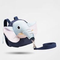 防走失儿童书包防走牵引绳男女幼儿园书包男女孩背包外出溜娃神器 棉布蓝色小象+织带