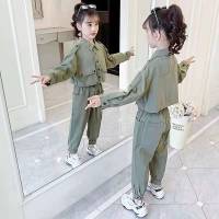 女童工装套装春秋2021新款韩版洋气中大童休闲儿童女孩秋装两件套 军绿色 110 建议身高95-105