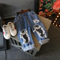 夏童装乞丐裤子女童破洞牛仔裤男童网眼宽松七分裤宝宝儿童中裤潮 蓝色 80