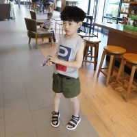童装2021男童夏装背心套装2-10岁儿童宝宝男孩夏季无袖短裤两件套 灰色背心+绿色短裤[收藏店铺送腰带] 110码建议