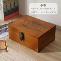 桌面收纳盒带锁复古木质长方形带盖证件储物盒化妆品箱杂物零钱柜 锁盒中号-旧色(图案随机)