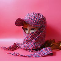 2021新款护脖捂脸帽子工作田间棉布大长檐遮阳透气防风尘防晒工地 系带棉布款红格