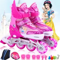 迪士尼(Disney)轮滑鞋儿童闪光溜冰鞋女童旱冰鞋女宝宝滑轮鞋初学者套装可调节伸缩直排小女孩滑冰鞋
