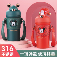 迪士尼儿童保温杯带吸管316不锈钢男女小学生高颜值户外便携弹盖直饮壶创意网红喝水杯子390ML米奇绿3624