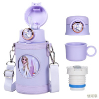 迪士尼(Disney)儿童保温杯双盖吸管杯精美礼盒 宝宝水杯316不锈钢女男学生防漏防摔保温壶 紫色冰雪 620ML