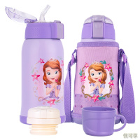 迪士尼(Disney)儿童保温杯带吸管男女学生水杯子316不锈钢水瓶红色蜘蛛侠600ml双盖皮质杯套