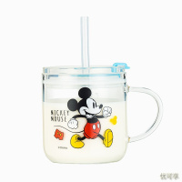 迪士尼(Disney)儿童牛奶杯耐热玻璃杯带刻度吸管杯果汁杯 宝宝喝牛奶专用杯子带把手儿童水杯260ml 米妮