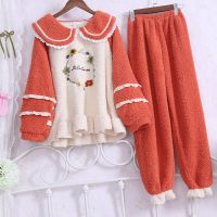 冬季睡衣女加厚刺绣米粒绒保暖公主风家居服宫廷甜美可爱套装