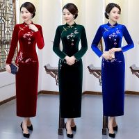 质量保证 送项链金丝绒旗袍妈妈装绣花长款秋冬旗袍女连衣裙