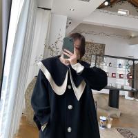 拼色娃娃领黑色呢子大衣女2021秋冬新款学院风毛呢夹棉加厚长外套