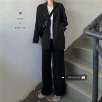 春秋季套装女经典黑灰配色韩系男友风西装外套+学生休闲阔腿裤女