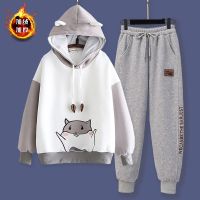 2021秋冬季少女加绒卫衣套装初中高中学生加厚大童宽松连帽两件套