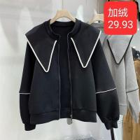 韩版大码女装胖妹妹300斤宽松设计感拉链新款娃娃领开衫卫衣外套
