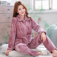 秋冬珊瑚绒女士珊瑚绒睡衣女冬季加厚大码法兰绒中年开衫家居服春