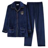 中老年法兰绒爸爸睡衣秋冬季男珊瑚绒加厚加绒保暖男士家居服套装