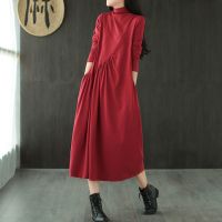 打底长袖连衣裙女2021秋季新款文艺复古宽松百搭半高领中长裙潮