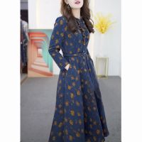 碎花连衣裙女春秋装长袖收腰遮肉显瘦减龄洋气木耳中长款裙子