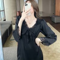 《唐顿庄园》女主人冰丝睡裙长袖性感蕾丝睡衣复古宫廷长裙秋