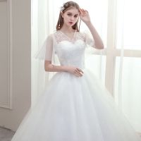 主婚纱礼服2021新款韩版新娘一字肩孕妇修身显瘦森系蕾丝v领齐地