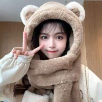 小熊帽子女连体可爱刺绣围脖护耳手套三件套一体亲子骑行保暖加绒