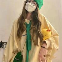 复古卫衣女秋季学生宽松慵懒风polo领长袖绿色领带外套上衣潮