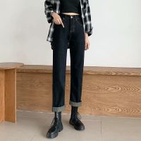 黑色牛仔裤女春季新款加绒韩版高腰直筒修身宽松显瘦阔腿烟管长裤