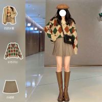 秋冬小个子港风复古chic毛衣开衫百褶裙名媛气质两件套装女