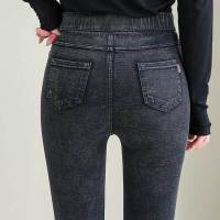 冬季加绒加厚外穿打底裤女弹力九分裤铅笔裤仿牛仔高腰长裤春秋