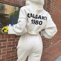 2021秋冬新款棉运动套装女印花连帽卫衣短外套松紧腰运动裤两件套