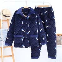 秋冬季加厚法兰绒男士睡衣三层夹棉青年中老年睡衣套装大码可外穿