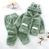 儿童秋冬珊瑚绒家居服套装连帽兔耳朵保暖睡衣男女宝宝长毛绒套装