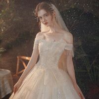 星空主婚纱拖尾2021年新款新娘气质一字肩森系仙梦幻法式公主裙