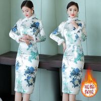 2021新款加厚保暖改良旗袍裙秋冬季修身夹棉过膝中长款打底连衣裙