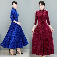 女装秋冬新款金丝绒压花长袖高腰大摆长裙旗袍领连衣裙女