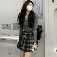 单/套装大码胖mm针织显瘦小众上衣女秋季格子百褶短裙甜辣半身裙