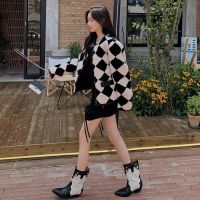 2021秋冬新款宽松休闲拼接百搭棋盘格外套潮感上衣女