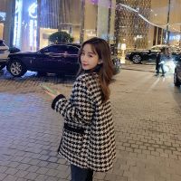 千鸟格外套女秋冬2021新款韩版黑白格子宽松短款加厚呢大衣