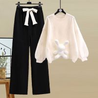 大码女装秋季套装女2021新款减龄套头针织衫小熊毛衣阔腿裤两件套15天内发货
