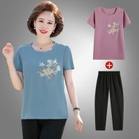 老年人夏季女50岁60中老年短袖洋气t恤两件套大码妈妈装休闲套装