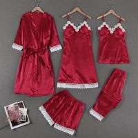 性感睡衣女夏季冰丝睡袍春秋季五件套胸垫吊带睡裙家居服套装浴袍