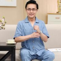 中老年睡衣男士夏季棉质短袖长裤家居服男式爸爸薄款套装