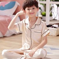 儿童睡衣男童夏季冰丝男孩仿真丝绸春秋薄款中大童短袖家居服套装