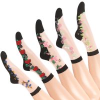 袜子女夏季薄款韩版中筒提花防勾丝棉底水晶丝防滑花边透气丝袜