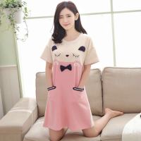 棉质睡衣夏短袖韩版可爱睡裙女过膝卡通宽松大码全棉家居服