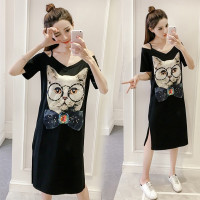 夏季短袖中长款露肩睡裙可外穿加肥加大连衣裙学生少女家居服睡裙