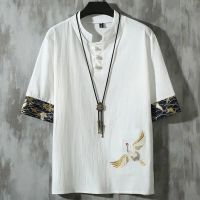 亚麻短袖t恤男中国风仙鹤刺绣宽松大码胖子棉麻复古唐装半袖上衣