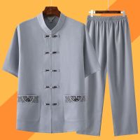唐装男中老年人短袖套装中国风夏季薄款亚麻爸爸棉麻爷爷休闲衣服