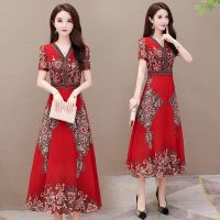 民族风印花雪纺连衣裙女2021年夏季新款贵夫人减龄复古过膝长裙子