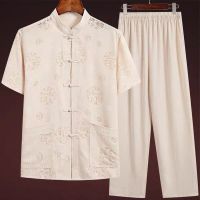 唐装男休闲短袖爸爸套装夏季中老年人宽松汉服中国风爷爷装上衣服